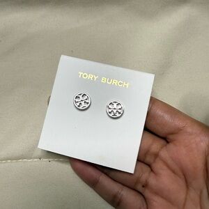 Tory Burch Silver Logo Stud Earrings